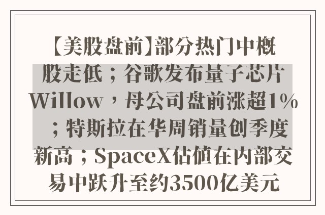 【美股盘前】部分热门中概股走低；谷歌发布量子芯片Willow，母公司盘前涨超1%；特斯拉在华周销量创季度新高；SpaceX估值在内部交易中跃升至约3500亿美元